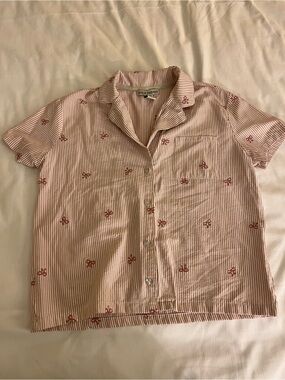 Wild Indigo Pink Striped Bow Detail Collared Short Sleeve PJ Shirt Size Medium